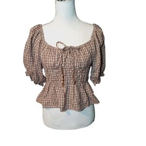 Gingham Checkered Peasant Puff Sleeve Peplum Blouse Smocked Waist In Size L